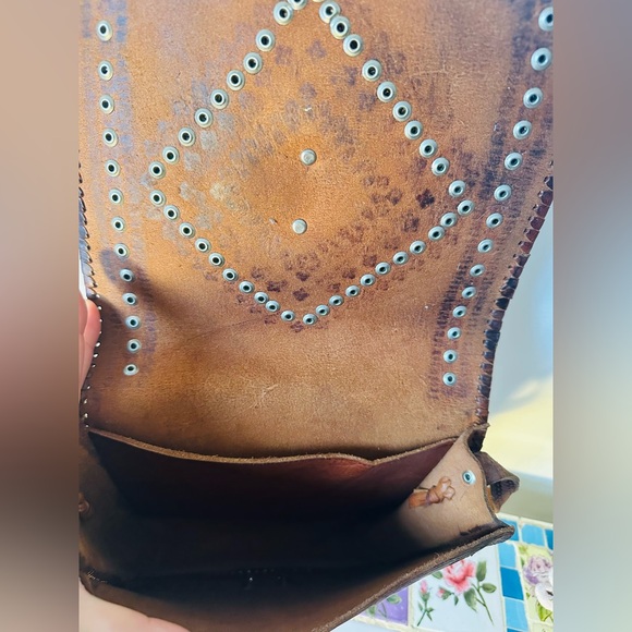 Vintage Boho Morocco Brown Leather Studded Hand Tooled Festival Crossbody Bag - Picture 7 of 9